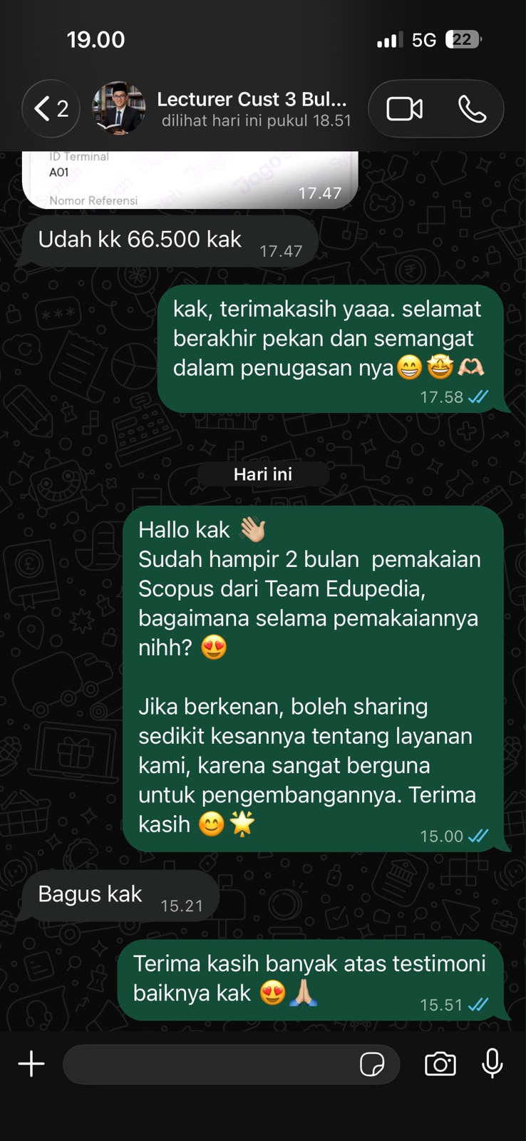Tangkapan layar WhatsApp: dosen membalas “Bagus kak” setelah hampir 2 bulan memakai Scopus dari Team EduPedia